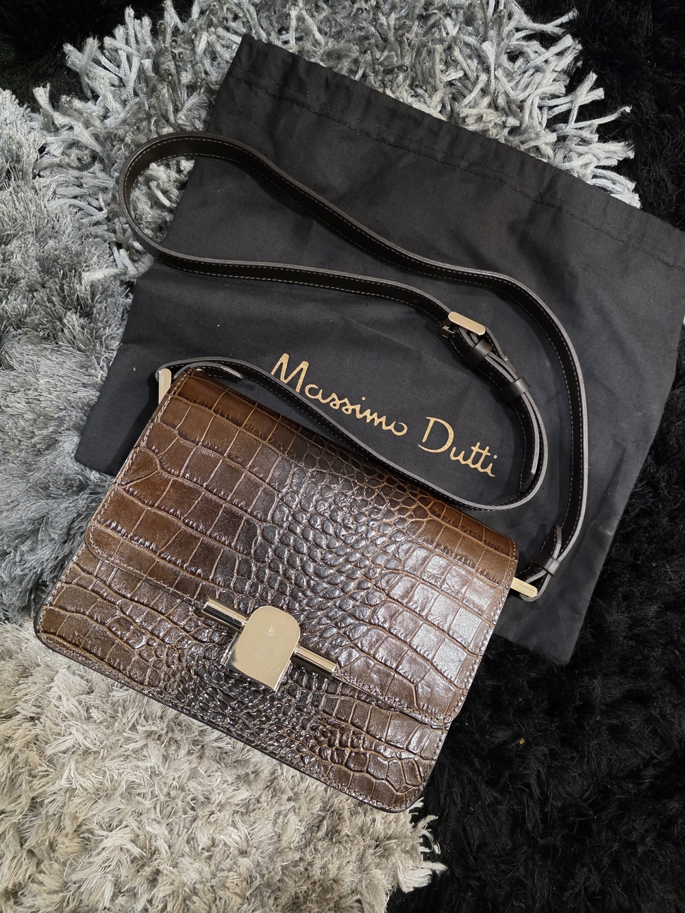 Massimo Dutti Croc-Embossed Brown Leather Crossbody